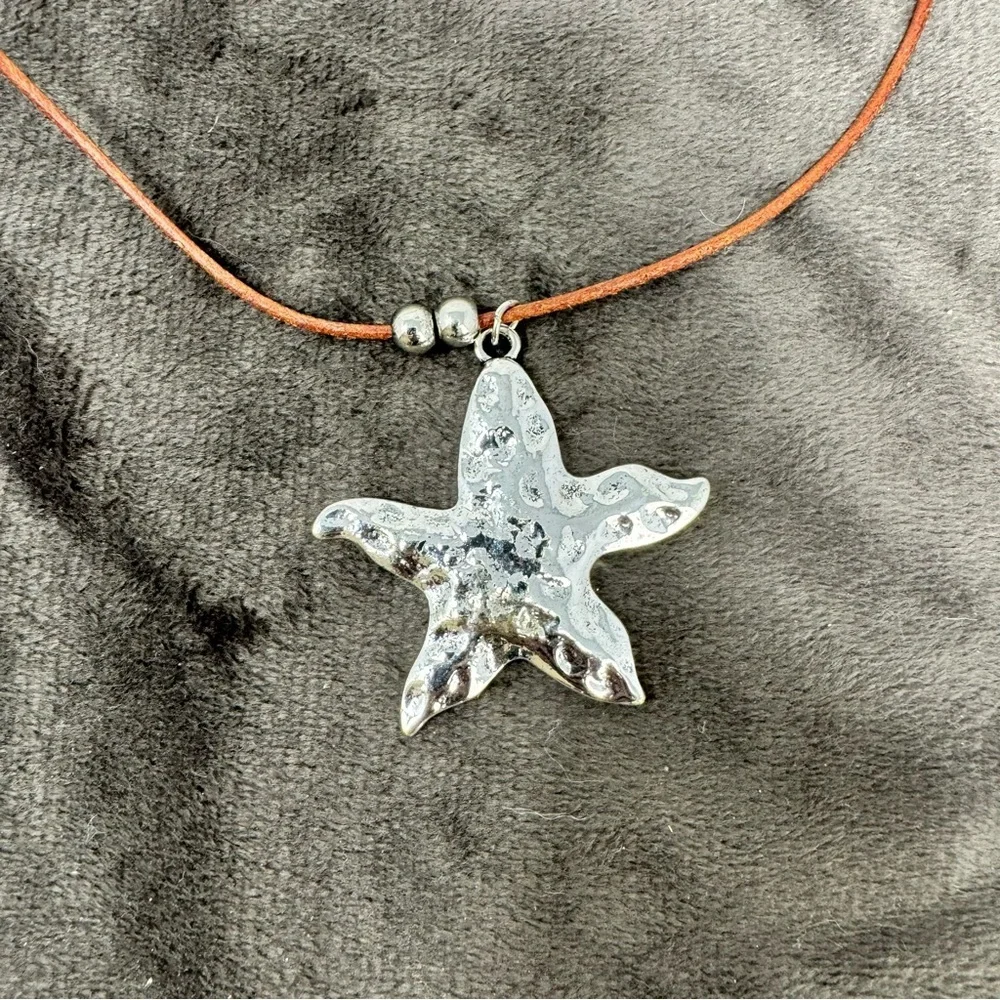 Petit Moments Cord Beaded Necklace with Hammered Starfish Pendant In Silver